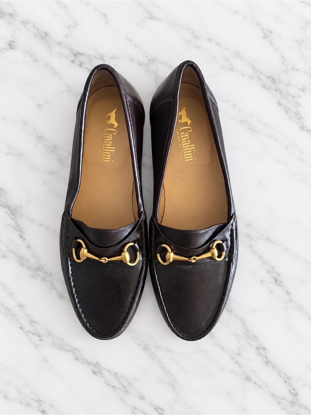 Vintage Cavalini Black Leather Loafers with Gold Horsebit